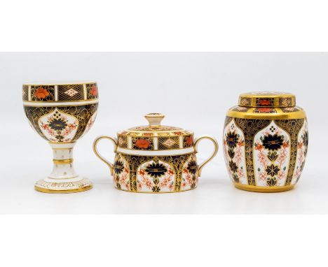 Royal Crown Derby 1128 sugar caddy, 1128 spice jar, 1128 goblet