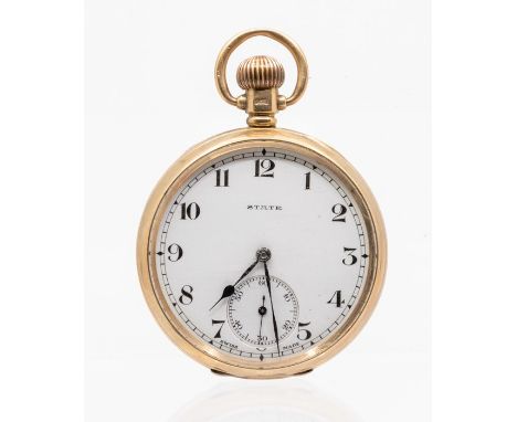 A 9ct gold 'State' open faced pocket watch, white enamel dial, black Arabic numerals,  with subsidiary dial, case diameter ap
