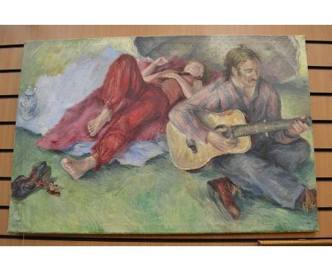 European School, 20th century, Man Playing Guitar and Sleeping Lady, oil on canvas, unframed