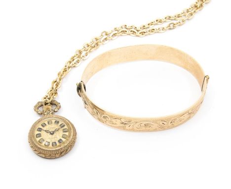 A Ilona gilded fob watch on chain; and a 9ct with metal core hinged bangle (2)