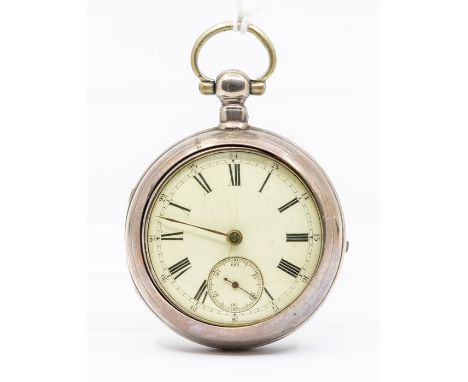 A silver pair case pocket watch, white enamel dial, black Roman numerals and outer seconds track, subsidiary dial, approx 39m