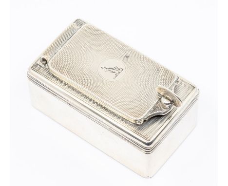 A George IV silver travelling box and cover, engine turned cover engraved with central crest, the inside cover inset with sue