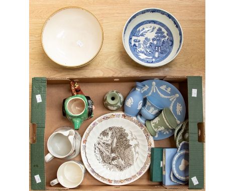 Meakin commemorative bowl, Willow blue and white bowl, Jasper ware, Wedgwood Commemorative tankard and Glenfiddich Scotch Whi