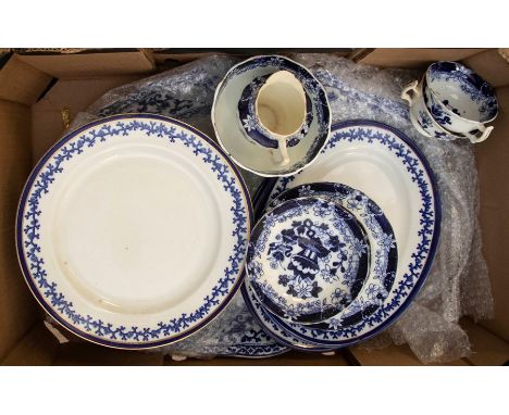 19th Century blue and white china tea set (part) along with late 19th Century dinner plates and meat plate