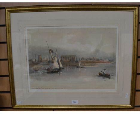 A print of an Egyptian scene entitled 'General View of the ruins of Luxor', framed and glazed, 35 x 50cm
