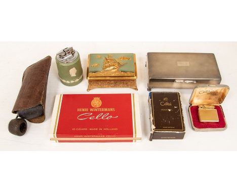 Smokers interest including cigarette boxes, cigar pipes, Colibri of London, plated boxed lighter and Colibrimini gas lighter 