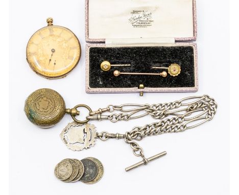 Two 15ct gold headed stick pins, set with ruby and diamond; an 18k gold cased pocket watch;&nbsp; a silver double albert with