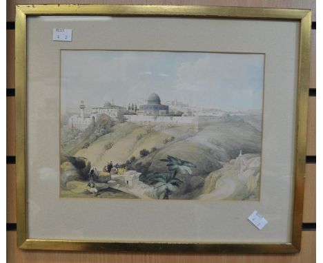 Early 20th Century watercolour of an Italian church below a mountain, along with a print of Jerusalem 22 x 33 cms approx
