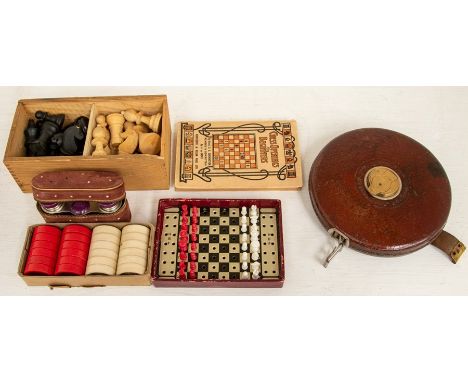 Wooden chess pieces in box with draught pieces, boxed vintage travel chess, cased theatre glasses and leather round tape meas