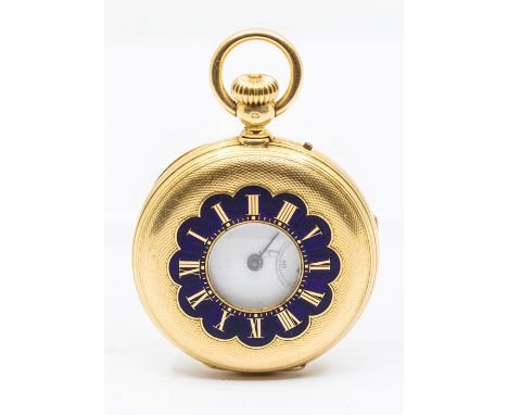 A French 18k gold ladies half hunter fob watch, outer case with blue enamel and Roman numerals, white enamel dial with Roman 