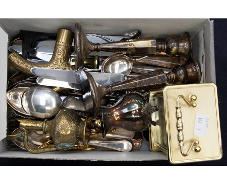 A pair of silver candlesticks, silver plated items including flat wares, brass items and a carriage clock