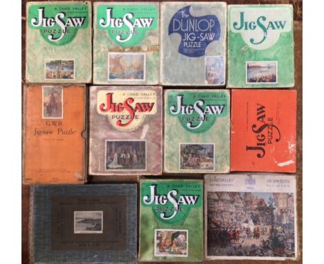 Chad Valley wooden Jigsaws to include Henley Regatta, Battle of Trafalgar, York Minster, The Boat Race, Piccadilly Circus, Ro