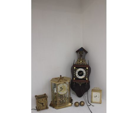Kundo brass anniversary clock, Lionel Peck and Smiths mantle carriage clocks, 1960's wall hanging 8 day clock with weights