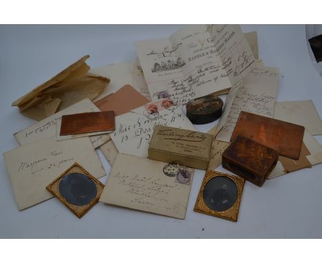 Two Victorian miniature portrait of a Lady gilt framed daguerreotypes together with letters, receipts, keepsakes, mainly addr