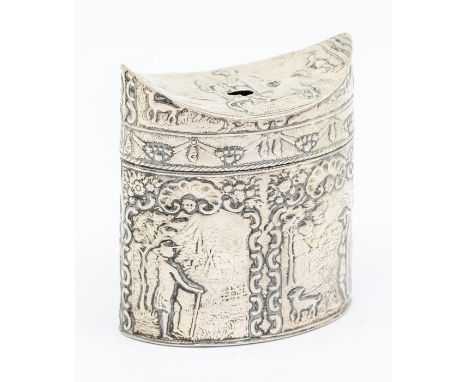 A Dutch silver .835 standard caddy, the sides repousse with figure with dog and figure within landscape, beneath a neo-classi