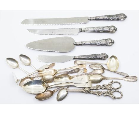 A group of silver flatware to include: two Irish silver dessert spoons, Dublin 1818 and 1841, both crested, approx 2.88ozt gr