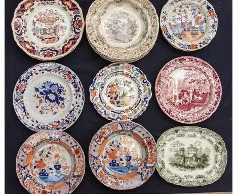 A collection of Mason's Ironstone Imari and other Ironstone plates to include: pair of soup plates, hot water plate pattern n