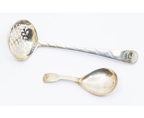 A George IV silver fiddle pattern caddy spoon, by Joseph Willmore, Birmingham, 1827 together with a George IV bright cut engr