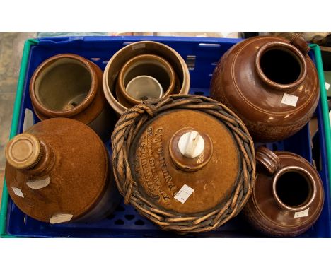 Collection of six vintage stoneware bottles, pots and containers