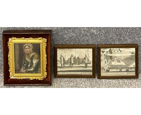 A 19th century oil on card miniature portrait in a gilt and rosewood frame along with a pair of framed and glazed 19th centur