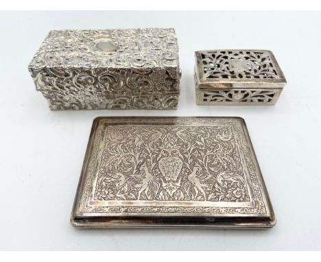 A silver cigarette case, hallmarked Birmingham 1898, a French silver spirit burner and a small silver box with pierced lid. D
