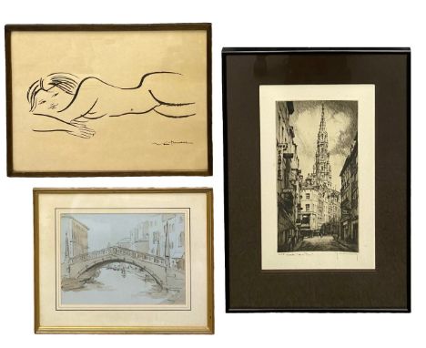 A signed limited edition etching; continental cathedral, a monoprint nude figure and a charcoal and wash on paper, Venetian c