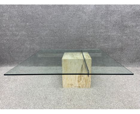 An Italian mid-century Artedi travertine stone and chrome coffee table with a glass top. H.38 W.100 D.100cm.