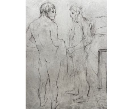 An indistinctly signed limited edition etching on paper titled 'Two Males'. Unframed. H.63 W.50cm