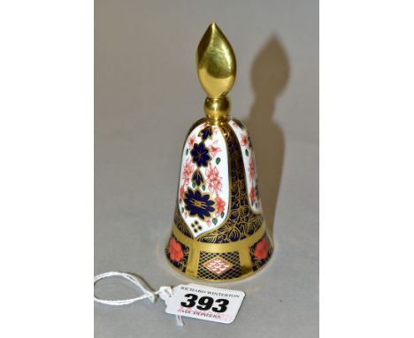 A ROYAL CROWN DERBY 1128 IMARI GOLD BAND CANDLE SNUFFER OF BELL FORM, a second, printed marks, height 12cm (Condition:- good 