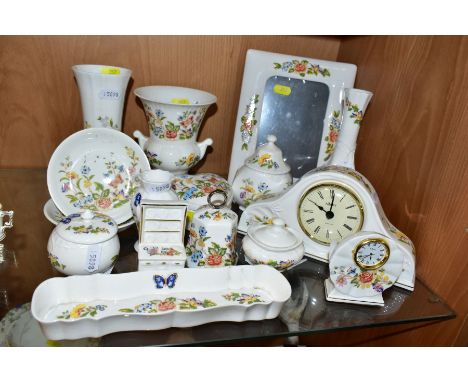 SIXTEEN PIECES OF AYNSLEY COTTAGE GARDEN GIFT WARE, including four vases, two quartz clocks, a heart shaped trinket dish and 