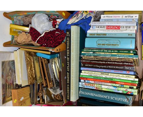 TWO BOXES AND LOOSE SUNDRY ITEMS, ETC, to include assorted photo frames, books, Best Fit Watch manuals Part 1 &amp; 2, vintag