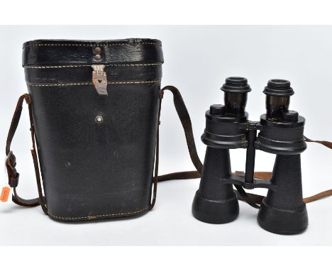 A PAIR OF BLACK COLOURED GERMAN 3rd REICH WWII ERA KRIEGSMARINE BINOCULARS, in a matching fully stamped carry case in black l