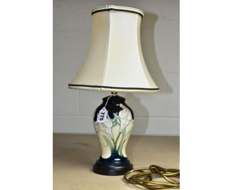 A MOORCROFT TABLE LAMP WITH SHADE, decorated with white Cala Lilys against a cream and green ground, ID Code 319, approximate