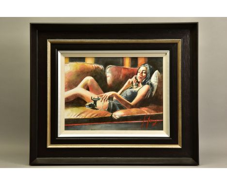 FABIAN PEREZ (ARGETINA 1967) 'VANESSA'S LAST PHONE CALL', a female figure in repose on a sofa, signed bottom right, watercolo