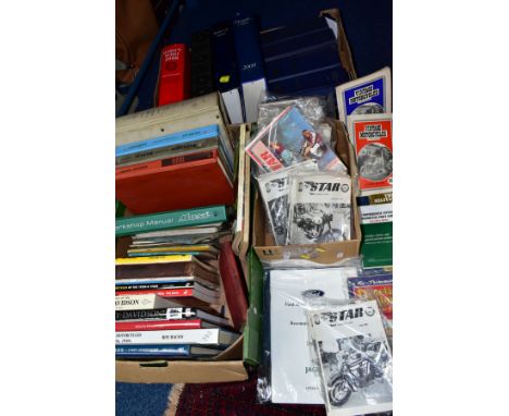 THREE BOXES OF BOOKS, MAGAZINES AND WORKSHOP MANUALS to include Daimler 2½ litre V8 saloon service manual, manuals for Riley 