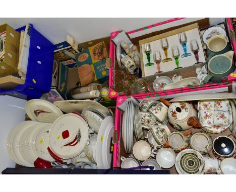 FOUR BOXES OF CERAMICS AND GLASS, ETC, to include Palissy 'Red Regatta' part dinner service, two tureens, five 20.5cm plates,