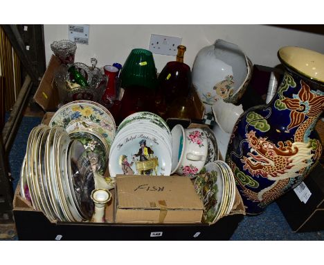 TWO BOXES AND LOOSE CERAMICS AND GLASS, ETC, to include collectors plates, five Wedgwood 'Life on the Farm', eight 'Street Se