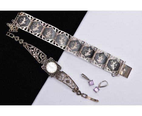 A LADIES SILVER WRISTWATCH AND A BRACELET, the ladies quartz watch designed with a round mother of pearl dial, Arabic numeral