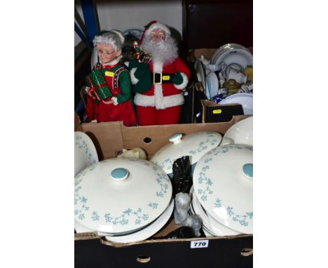 THREE BOXES AND LOOSE CERAMICS, HARDSTONE CARVINGS, CHRISTMAS DECORATIONS, etc, including a vintage brown suitcase, Royal Dou