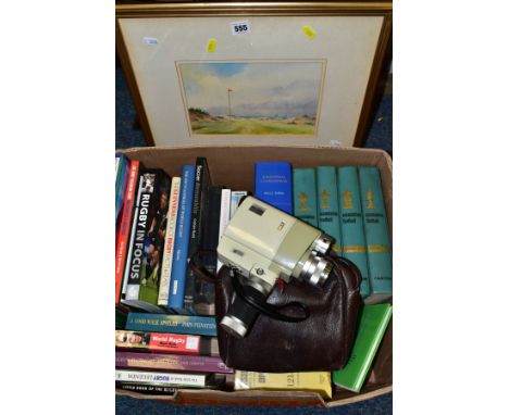 A FRAMED WATERCOLOUR, A BOX OF BOOKS, ETC, to include 'By The Sea' titled verso and initialled VWT, framed, a Minolta Zoom 8 