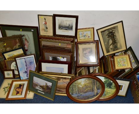 TWO BOXES AND LOOSE ASSORTED PRINTS, ETC, to include framed needlepoint pictures, Ruane Manning print of horses, watercolour 