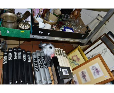 FOUR BOXES OF CERAMICS, GLASS, METALWARES, BOOKS, MAGAZINES AND PRINTS, including a boxed Spode trinket dish, a boxed Wedgwoo