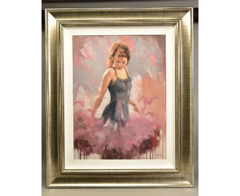 MARK SPAIN (BRITISH CONTEMPORARY), a portrait of a female figure wearing a black dress with a pink frilly hem, signed bottom 