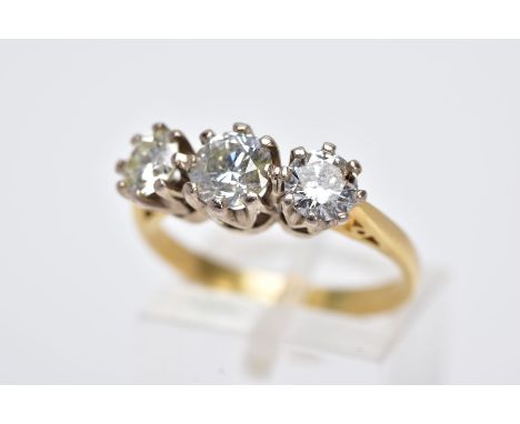 A MODERN 18CT GOLD THREE STONE DIAMOND RING, estimated total diamond weight 1.41ct, colour assessed as I-K, clarity assessed 