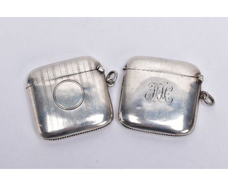 TWO EARLY TO MID 20TH CENTURY SILVER VESTAS, the first of a rounded square form, plain polished design with an engraved monog