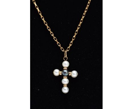 A 9CT GOLD CULTURED PEARL PENDANT NECKLET, the cross pendant made of a central black pearl and white outer pearls, fitted wit