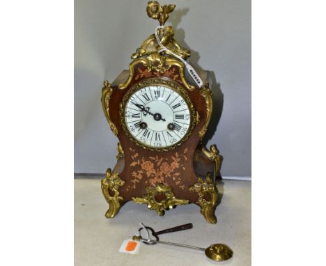 A LATE 19TH CENTURY LOUIS XVI STYLE GILT METAL AND MARQUETRY MANTEL CLOCK, enamel dial, Arabic and Roman numerals, 8 day move