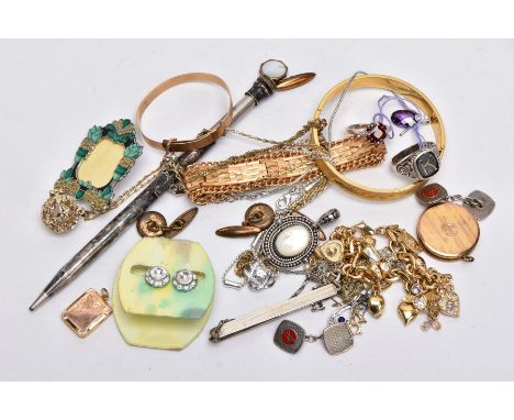 A BAG OF ASSORTED COSTUME JEWELLERY, to include a pair of silver engine turn designed cufflinks with a red enamel motif, hall