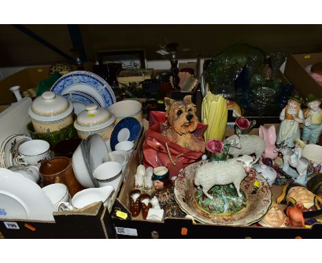 FOUR BOXES OF CERAMICS AND GLASSWARE, METALWARE, etc, including a pair of late Victorian Staffordshire spill vases in the for