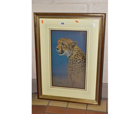 KIM DONALDSON (ZIMBABWE 1952) a portrait of a Cheetah, signed lower left, Halcyon Gallery label and signed compliment slip ve